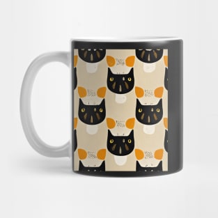 Cute Cat Pattern Abstract, Warm Colors Retro 70's Art, Black White Orange Cats Repeating Pattern Mug